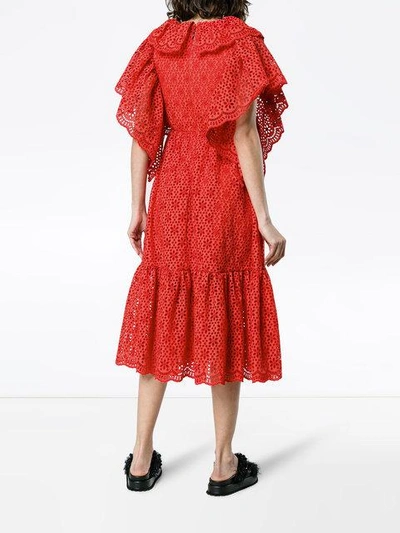 Shop Msgm Ruffled Broderie Anglaise Midi Dress In Red