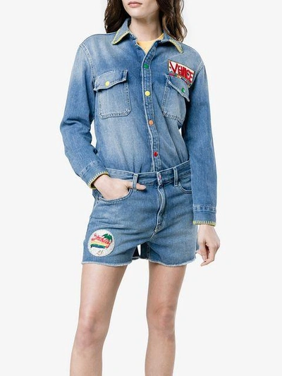 Shop Mira Mikati Patch Denim Playsuit In Blue