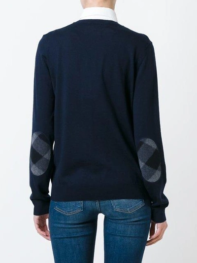 Shop Burberry Check Detail Merino Wool Crew Neck Sweater - Blue