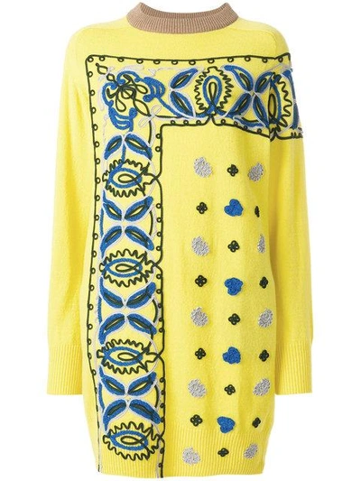 Shop Sacai Embroidered Sweater Dress - Yellow & Orange