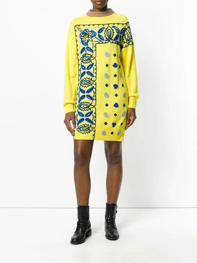 Shop Sacai Embroidered Sweater Dress - Yellow & Orange