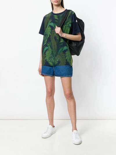 Shop Moncler Foliage Print Contrast Sleeve T In Blue