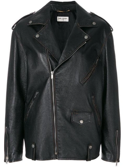 Shop Saint Laurent Oversized Zipped Biker Jacket - Black