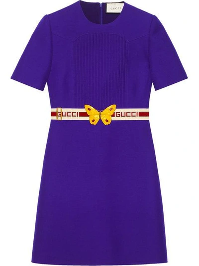 Shop Gucci Wool Silk Pintuck Dress With Belt In Purple