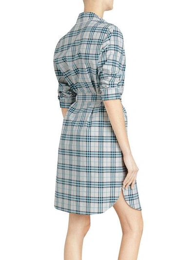 Shop Burberry Lace Trim Collar Check Cotton Shirt Dress In Blue