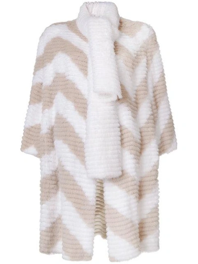 Shop Fendi Chevron Pattern Fur Coat With Scarf Detail - White