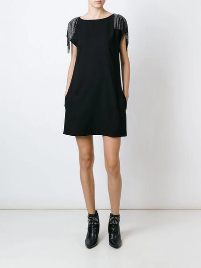 Shop Saint Laurent Fringed Shift Dress In Black
