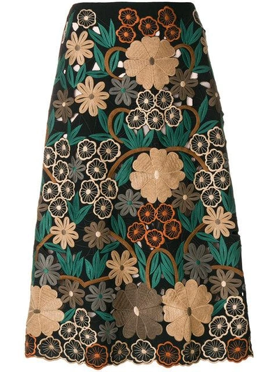 Shop Red Valentino Floral Embroidery Midi Skirt - Black