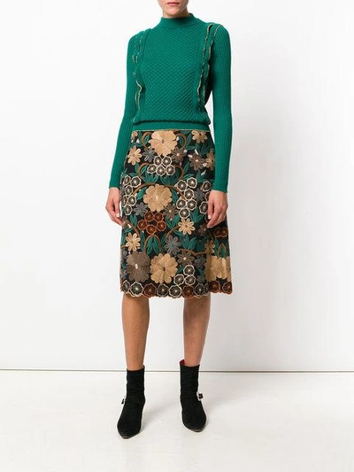 Shop Red Valentino Floral Embroidery Midi Skirt - Black