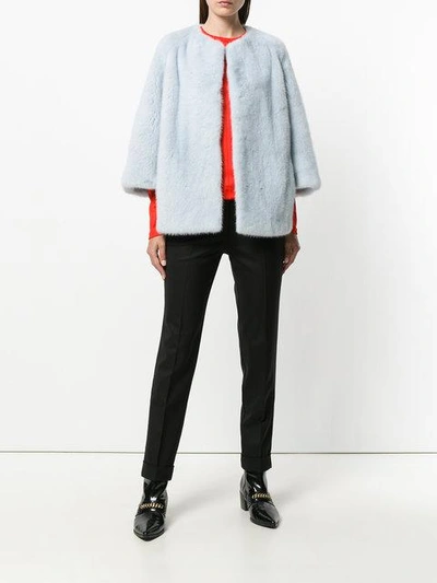 Shop Yves Salomon Mink Fur Cropped Sleeve Jacket In Blue