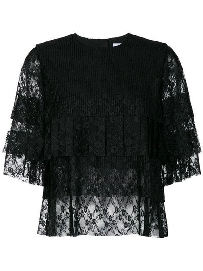 Shop Msgm Pleated Lace T-shirt - Black