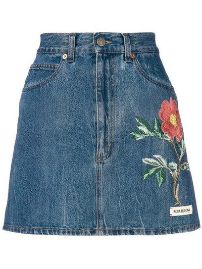 Shop Gucci Floral Embroidery Denim Skirt - Blue