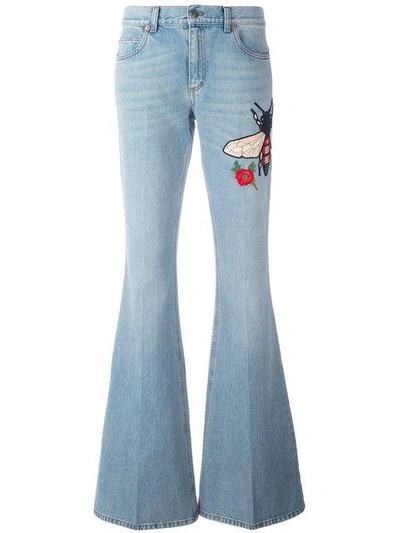 Shop Gucci Embroidered Flared Denim Jeans In Blue