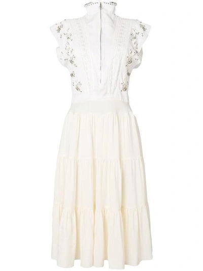 Shop Chloé Embroidered Band Collar Midi Dress In Neutrals