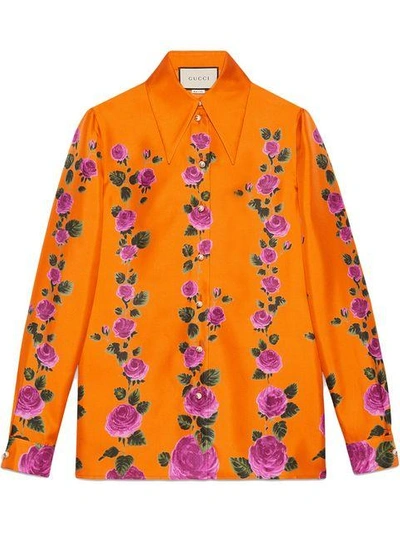 Shop Gucci Rose Garden Print Silk Shirt In Orange