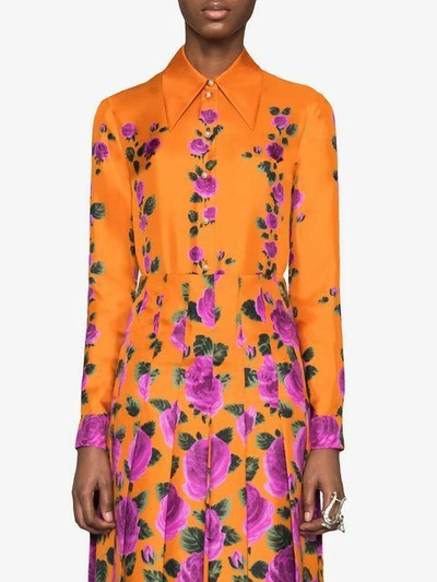 Shop Gucci Rose Garden Print Silk Shirt In Orange