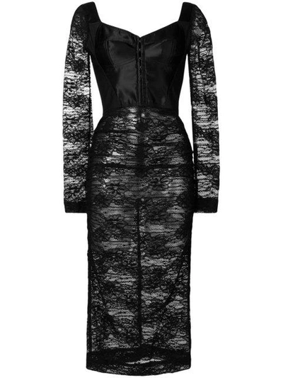 Shop Dolce & Gabbana Lace Fitted Midi Dress In Black