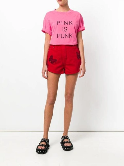 Shop Valentino Beaded Butterfly Denim Shorts In Red