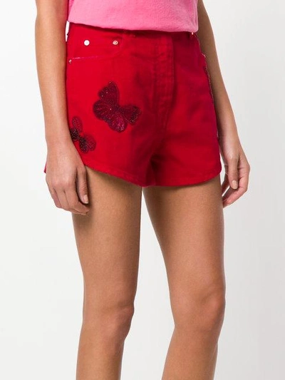 Shop Valentino Beaded Butterfly Denim Shorts In Red