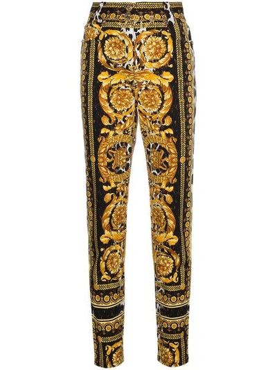 Shop Versace High Waist Patterned Skinny Jeans In Yellow