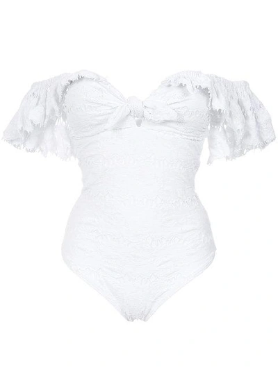 Shop Amir Slama Texture Ruffled Swimsuit In White