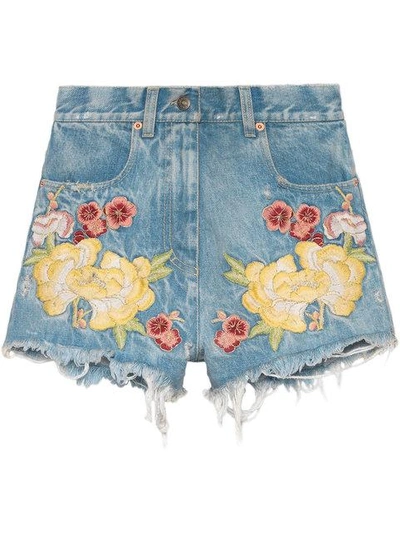 Shop Gucci Embroidered Denim Shorts In Blue
