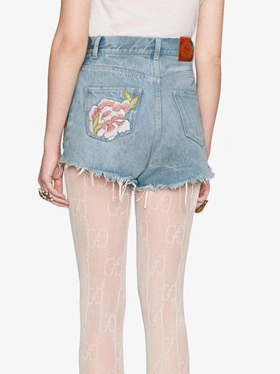 Shop Gucci Embroidered Denim Shorts In Blue