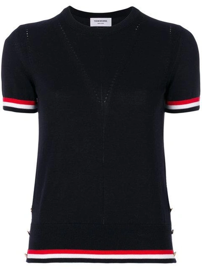 Shop Thom Browne Crew Neck Short Sleeve Tee With Red, White And Blue Tipping Stripe In Cotton Crepe