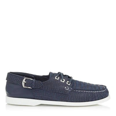 Shop Jimmy Choo Orson Navy Crocodile Printed Nubuck Boat Shoes