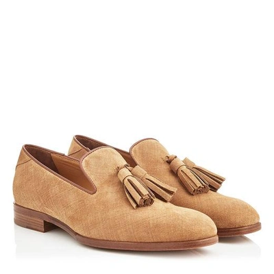 Shop Jimmy Choo Foxley Cacao Denim Suede Tasselled Slippers