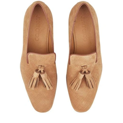 Shop Jimmy Choo Foxley Cacao Denim Suede Tasselled Slippers