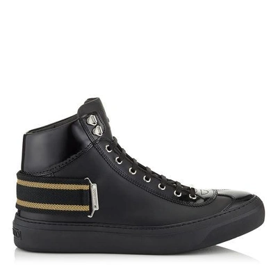 Shop Jimmy Choo Argyle Black Sport Calf And Shiny Calf Leather High Top Trainers With Black And Gold Ribbon Detailin In Black/gold