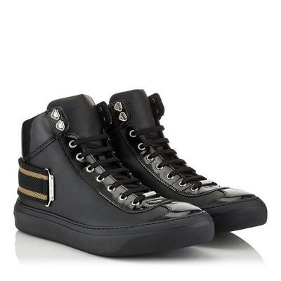 Shop Jimmy Choo Argyle Black Sport Calf And Shiny Calf Leather High Top Trainers With Black And Gold Ribbon Detailin In Black/gold