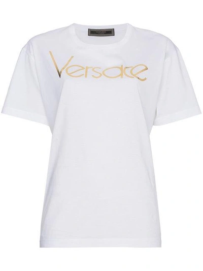 Shop Versace Metallic Logo Print Short Sleeve T Shirt In White