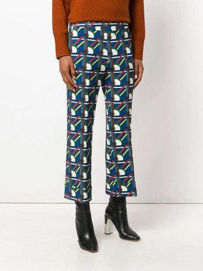 Shop Pardens Geometric Print Cropped Trousers In Blue