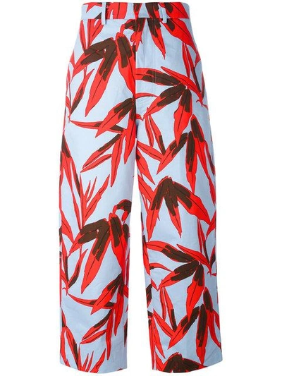 Shop Marni Drill Swash Print Cropped Trousers In Blue