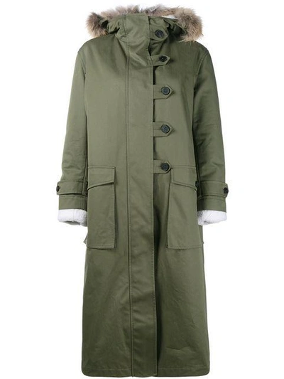 Shop Valentino Khaki Fur Trimmed Oversized Parka In Green