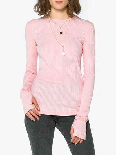 Shop Helmut Lang  Ribbed Top With Thumb Holes In Pink & Purple