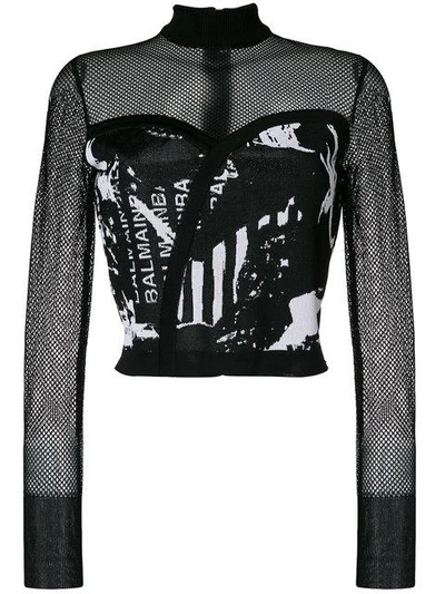 Shop Balmain Printed Mesh Cropped Top