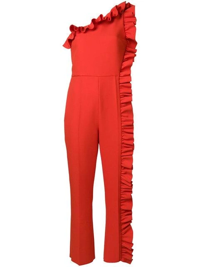 Shop Msgm One Shoulder Ruffle Jumpsuit In Red