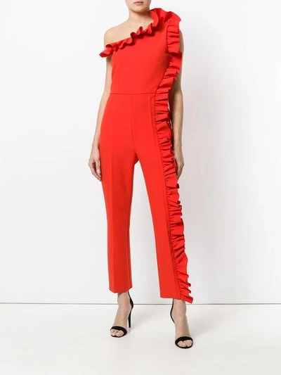 Shop Msgm One Shoulder Ruffle Jumpsuit In Red