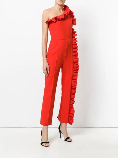 Shop Msgm One Shoulder Ruffle Jumpsuit In Red