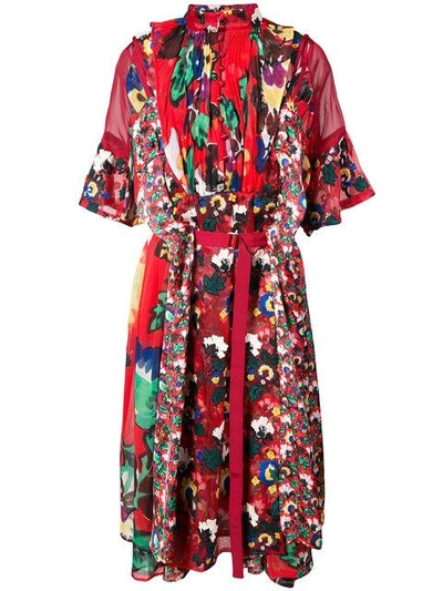 Shop Sacai Floral Printed Panel Dress In Red