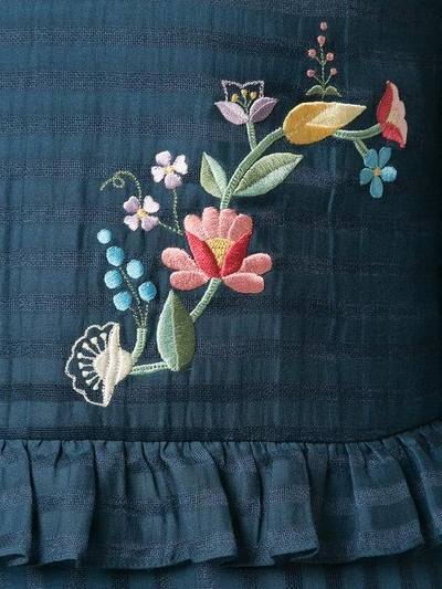 Shop Vilshenko Floral Embroidered Frill Trim Dress In Navy / Multi