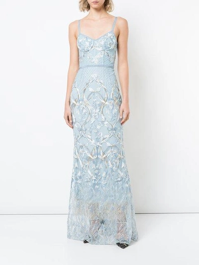 Shop Marchesa Notte Embroidered Corset Gown In Blue