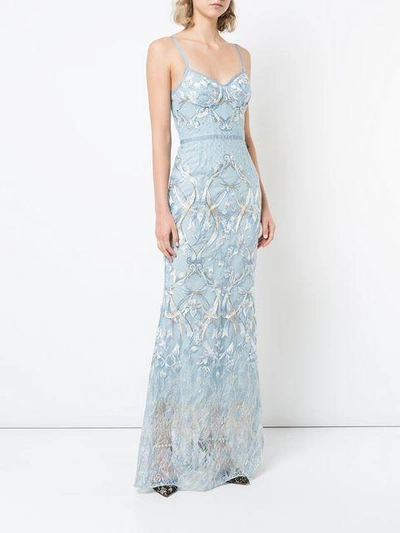 Marchesa Notte Black Sleeveless Embroidered Corset Gown In Blue | ModeSens