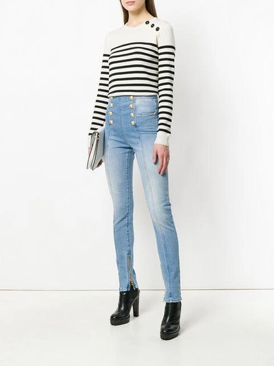 Shop Balmain Button-embellished Skinny Jeans In C3145 Bleu Moyen
