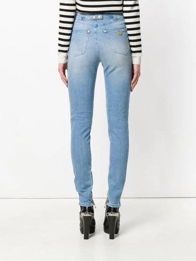 Shop Balmain Button-embellished Skinny Jeans In C3145 Bleu Moyen