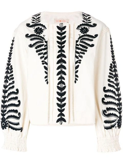 Shop Tory Burch Embroidered Cropped Jacket In 104 New Ivory