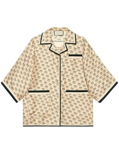 Shop Gucci Invite Stamp Silk Shirt In Neutrals